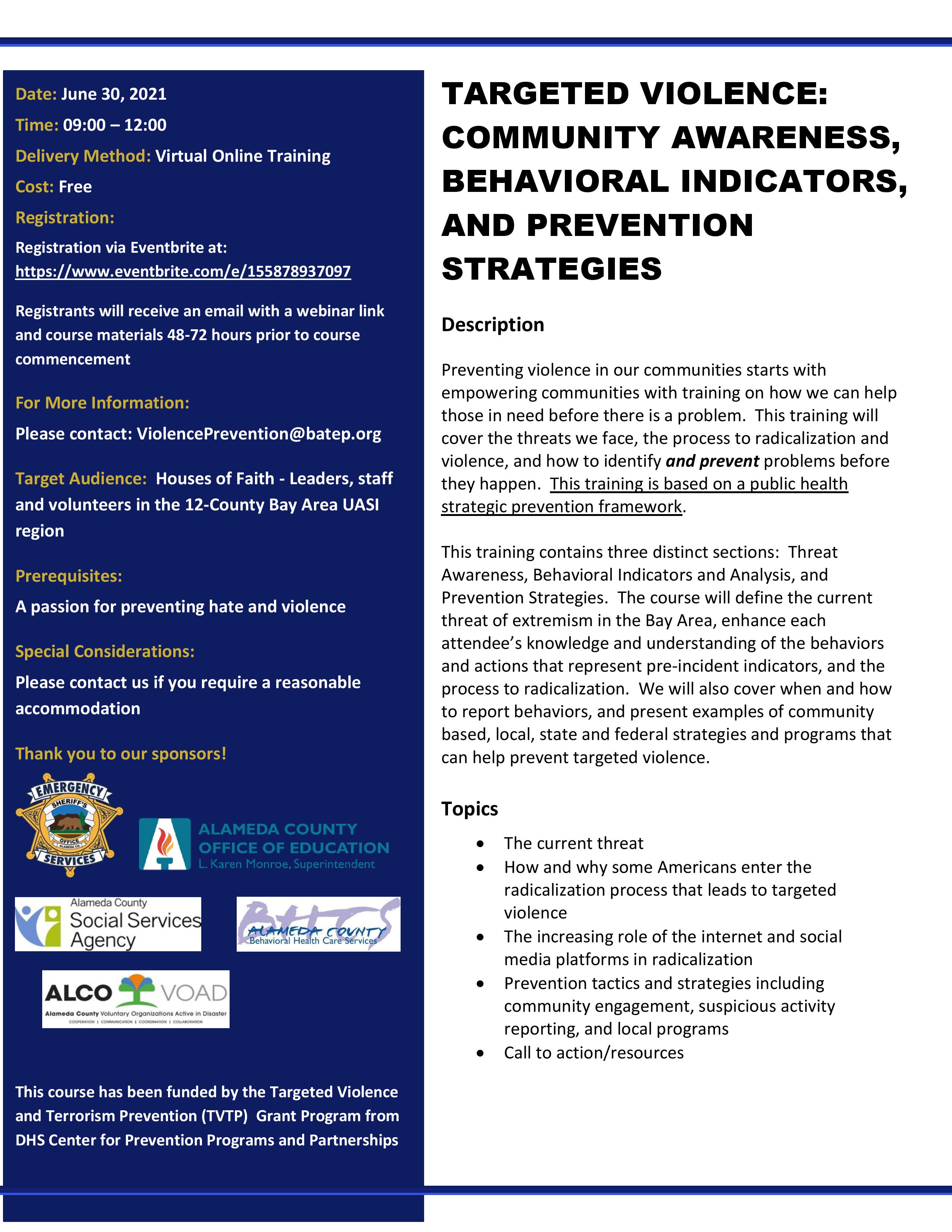 Targeted Violence: Community Awareness Behavioral Indicators San